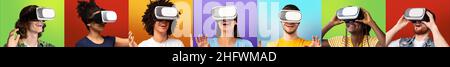 Portraits of surprised young multiracial guys and women in vr glasses controls game with hands Stock Photo