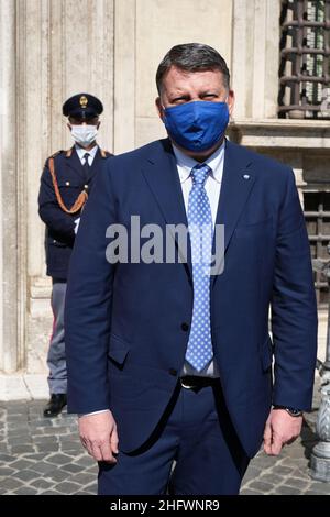 Mauro Scrobogna /LaPresse March 10, 2021&#xa0; Rome, Italy Politics Palazzo Chigi - Pact for the innovation of the Public Administration In the photo: Pierpaolo Bombardieri UIL, outside Palazzo Chigi after the signing of the Pact for the innovation of the Public Administration Stock Photo