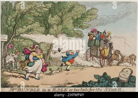 Mr. Bundle in a rage or too late for the Stage 1809.  Artist: Thomas Rowlandson (1756-1827) an English artist and caricaturist of the Georgian Era. A social observer, he was a prolific artist and print maker.  Credit: Thomas Rowlandson/Alamy Stock Photo