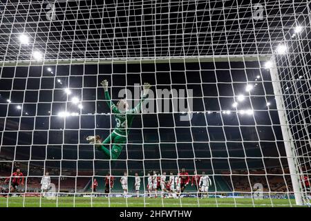 Milan, Italy. 17th Jan, 2022. Ivan Provedel (Spezia Calcio) saves during AC Milan vs Spezia Calcio, italian soccer Serie A match in Milan, Italy, January 17 2022 Credit: Independent Photo Agency/Alamy Live News Stock Photo