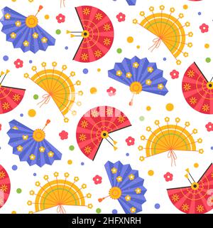 Hand fans seamless pattern. Japanese folding geisha accessories, different designs, cultural asian elements, vintage tool isolated on white background Stock Vector
