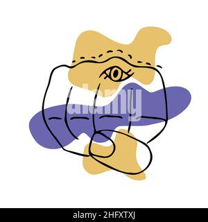 Fist hand with eye on abstract spots background, hand gesture concept sketch. Protect and fight symbol. Vector illustration Stock Vector