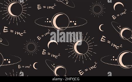 Space vector seamless pattern with physical speed of light formula E=MC2. Moon, sun, stars, orbits, Planes. Magic pagan Wicca symbol. Vector Alchemy Stock Vector
