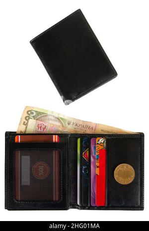 Open  and closed black leather wallets with Ukrainian money isolated on white background Stock Photo