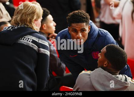 England's Marcus Rashford reacts following their loss to Italy at the Euro 2020 soccer championship final at Wembley stadium in London, Sunday, July 11, 2021. (John Sibley/Pool Photo via AP) Stock Photo