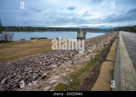 Falls Lake Dam and Fishing Pier in Raleigh, NC Stock Photo