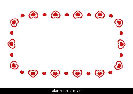 Rectangle frame with red hearts. Template for Valentine day invitation card, photo, picture, web banner. Vector flat illustration isolated on white background. Stock Vector
