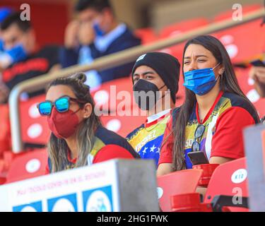MAZATLAN, MEXICO - FEBRUARY 03:   Venezuelan fans supporting their team Caribes de Anzoátegui, Woman fan during the game between Venezuela and Dominican Republic as part of Serie del Caribe 2021 at Teodoro Mariscal Stadium on February 3, 2021 in Mazatlan, Mexico. (Photo by Luis Gutierrez/Norte Photo) Stock Photo