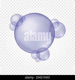 Glossy purple bubbles on transparent background. Trendy very peri droplets, crystal pearls, cosmetic oil balls, bath suds, cleanser foam elements. Vector realistic illustration Stock Vector