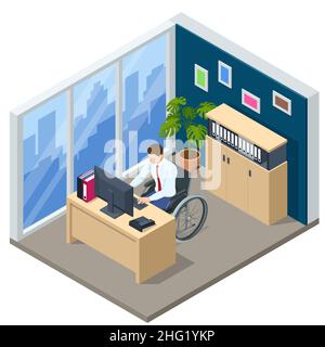 Isometric man in wheelchair working on laptop computer at office. Handicapped businessman character at workplace. Communication over the network Stock Vector