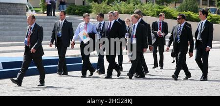 British Prime Minister Gordon Brown arrives during the G8/G6 summit in L'Aquila, Italy Thursday July 9, 2009. Stock Photo