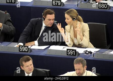 Clemente Mastella and Barbara Matera are photographed during a press conference at the European Parliament in Strasbourg, France Stock Photo
