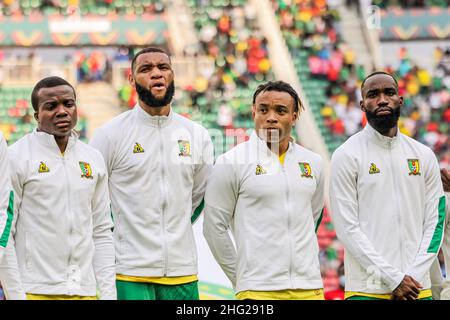 YAOUNDE, CAMEROON - JANUARY 17: Collins Fai ,Karl Toko Ekambi, Pierre Kunde, Harold Moukoudi of Cameroon during the 2021 Africa Cup of Nations group A match between Cape Verde and Cameroon at Stade d'Olembe on January 17, 2022 in Yaounde, Cameroon. (Photo by SF) Stock Photo