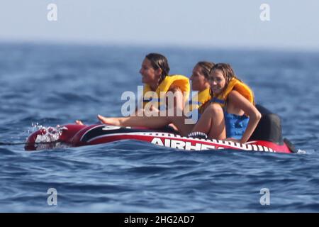 Pierre Casiraghi (the younger son of HSH Princess Caroline of Monaco) and his girlfirend former model Beatrice Borromeo on holiday on the yacht Pacha 3 with some friends, Italy  Stock Photo