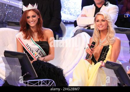 Paris Hilton pictured as the guest of honor at the first episode of the 70th Miss Italy contest. Paris with Miriam Leone, Miss Italy 2008. Stock Photo