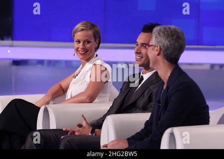 Federica Pellegrini with her family and boyfriend Luca Marin appear on Italian TV show 'Porta a Porta', Italy Stock Photo