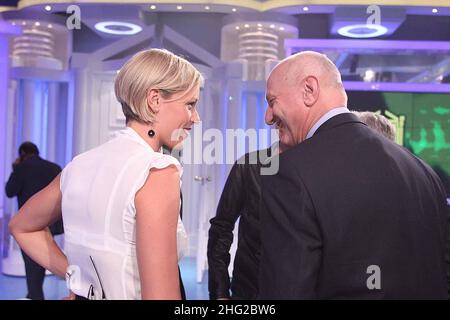 Federica Pellegrini with her family and boyfriend Luca Marin appear on Italian TV show 'Porta a Porta', Italy Stock Photo