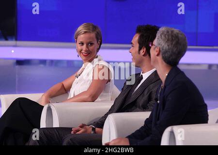 Federica Pellegrini with her family and boyfriend Luca Marin appear on Italian TV show 'Porta a Porta', Italy Stock Photo