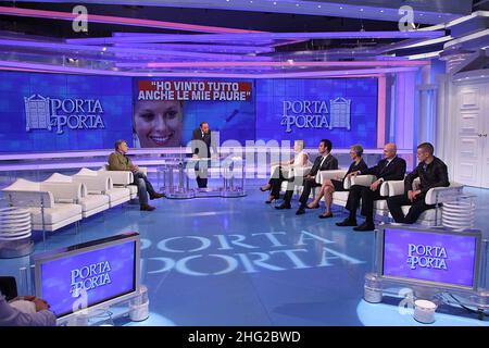 Federica Pellegrini with her family and boyfriend Luca Marin appear on Italian TV show 'Porta a Porta', Italy Stock Photo