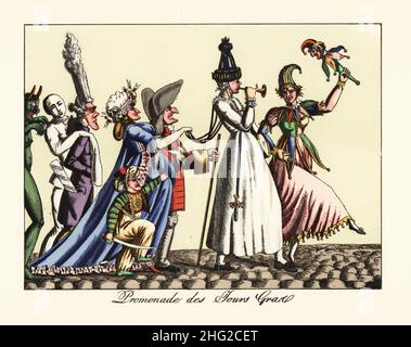 Masquerade procession with commedia dell'arte figures, Mardi Gras or Shrove Tuesday. Harlequin in motley with a marotte, Pulcinella with drum and horn. With a man in bicorn, dwarf in Turkish dress, man in a tall wig, Egyptian mummy, demon. Promenade des Jours Gras. Handcoloured lithograph after an anonymous early 19th century engraving from Henry Rene d’Allemagne’s Recreations et Passe-Temps, Games and Pastimes, Hachette, Paris, 1906. Stock Photo