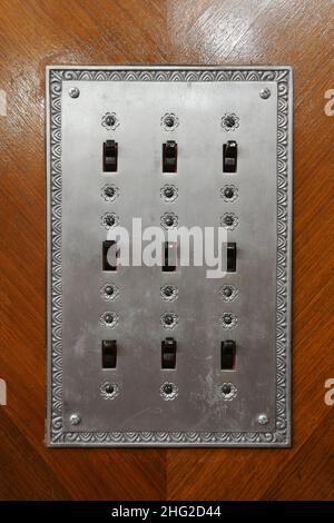 Directors Room conference room. Electrical switch panel, Art Deco style. Liberty Tower, Dayton, Ohio, USA. Stock Photo