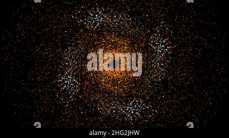 Abstract beatiful relaxing background of orange and red small circles flying and forming a vortex on black background. Glittering particles resembling Stock Photo