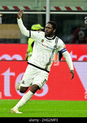 Milan, Italy. 17th Jan, 2022. Spezia's Emmanuel Gyasi celebrates his goal during a Serie A football match between AC Milan and Spezia in Milan, Italy, on Jan. 17, 2022. Credit: Alberto Lingria/Xinhua/Alamy Live News Stock Photo