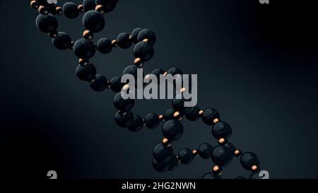 Digital, abstract DNA consisting of black and bronze spheres spinning on black background, seamless loop. Spiral DNA rotating endlessly Stock Photo