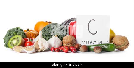 Text C VITAMIN and healthy products on white background Stock Photo