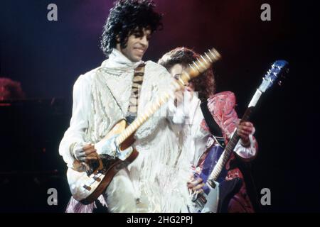 DETROIT, MI - NOVEMBER 4: American singer Prince (1958-2016) performs on stage during the 1984 Purple Rain Tour on November 4, 1984 at the Joe Louis Arena in Detroit, Michigan. Credit: Ross Marino / Rock Negatives / MediaPunch Stock Photo