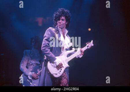 DETROIT, MI - NOVEMBER 4: American singer Prince (1958-2016) performs on stage during the 1984 Purple Rain Tour on November 4, 1984 at the Joe Louis Arena in Detroit, Michigan. Credit: Ross Marino / Rock Negatives / MediaPunch Stock Photo