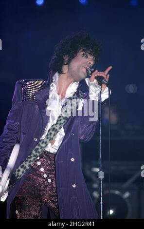 DETROIT, MI - NOVEMBER 4: American singer Prince (1958-2016) performs on stage during the 1984 Purple Rain Tour on November 4, 1984 at the Joe Louis Arena in Detroit, Michigan. Credit: Ross Marino / Rock Negatives / MediaPunch Stock Photo