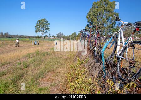 Cycling near Lowood on the Brisbane Valley Rail Trail Stock Photo