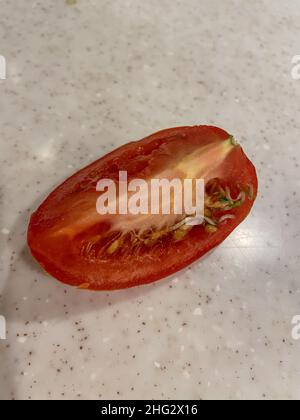 Some causes of seeds sprouting in tomatoes are long storage in cool temperatures (below 55 degrees), being overripe, potassium deficiency, over fertil Stock Photo