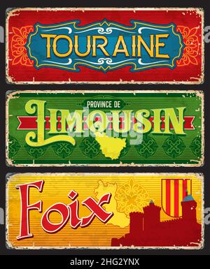 Touraine, Limousin and Foix regions of France, vintage cards and vector stickers. French province tin signs with travel landmarks and region maps, met Stock Vector