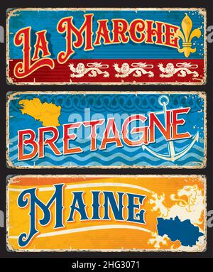 Bretagne, Maine and La Marche regions of France, vector vintage cards and stickers. French provinces tin signs with landmarks, region maps and emblems Stock Vector