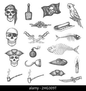 Pirate map and flag, skulls, daggers weapon and fish bones, rum bottle, parrot and tobacco pipe, candle sketches set. Corsair, filibuster or buccaneer Stock Vector