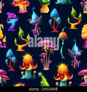 Seamless pattern. Fairy fantasy mushrooms and magic toadstools vector background. Cartoon luminous mushroom with acid caps, blue neon and purple toxic Stock Vector