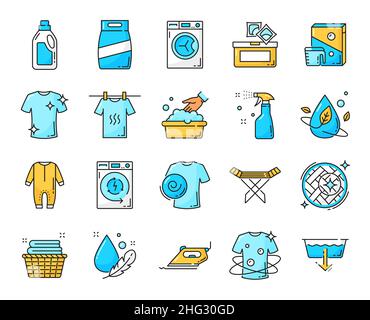 Washing and dry cleaning color line vector icons, laundry service. Clothes cleaning and washing symbols with detergent and fabric softener, hand wash Stock Vector