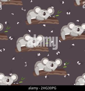 Seamless pattern with cute koala baby and flowers on color background. Funny australian animals. Card, postcards for kids. Flat vector illustration Stock Vector