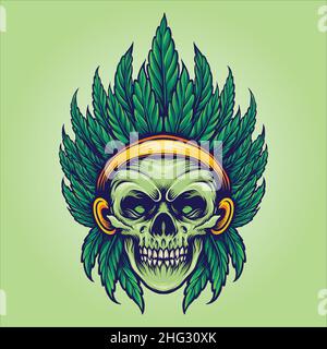 Skull Indian Cannabis Leaf Mascot Vector illustrations for your work Logo, mascot merchandise t-shirt, stickers and Label designs, poster Stock Vector