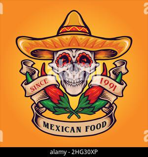 Mexican Food Skull Logo Chilli Vector illustrations for your work Logo, mascot merchandise t-shirt, stickers and Label designs, poster, greeting cards Stock Vector