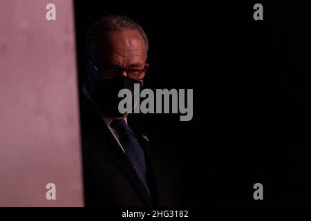 New York, USA. 17th Jan, 2022. U. S. Senate Majority Leader Charles Schumer seen off stage preparing to speak during BAM the 36th Brooklyn Tribute to Dr. Martin Luther King, Jr. in New York on January 17, 2022. (Photo by Lev Radin/Sipa USA) Credit: Sipa USA/Alamy Live News Stock Photo