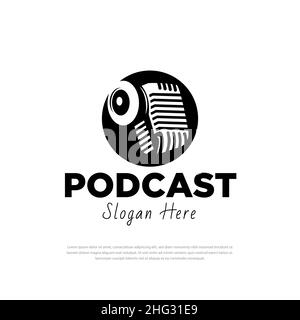 Podcast logo design. Emblem template with retro microphone. Design elements for logos, labels, emblems, signs. Vector illustration Stock Vector