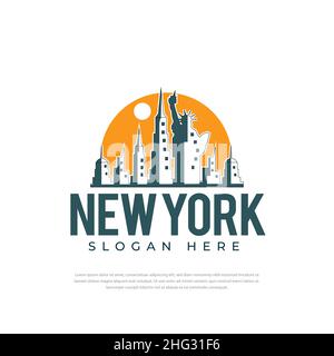 Logo design Graphic illustration of sunny New York City with famous buildings and points of interest. Modern vector line art design. Stock Vector