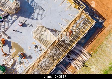 House under construction of wooden beams at construction the roof of air conditioner vents Stock Photo