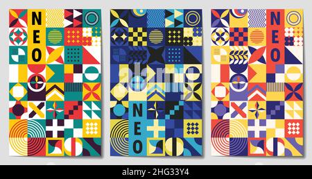 Neo geometric abstract modern colorful background poster. geometrical shapes. promotional flyer vector illustration set. Geometric template, brochure Stock Vector