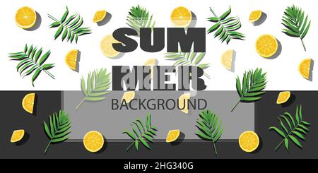 Realistic Lemon and Palm Leaves beach summer landscape background vector Stock Vector