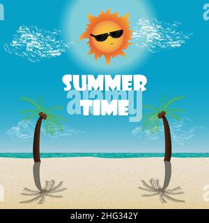 Summer Time Beach Island Palm trees vector background Stock Vector
