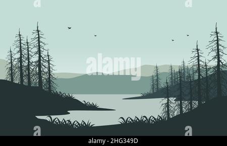 Amazing view of the mountains from the riverside with the silhouettes of dry trees all around Stock Vector